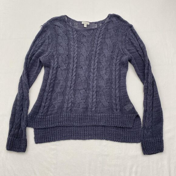 Garnet Hill Sweater Womens Large Blue Gray Cable Knit Open Weave Long Sleeve - Picture 1 of 10